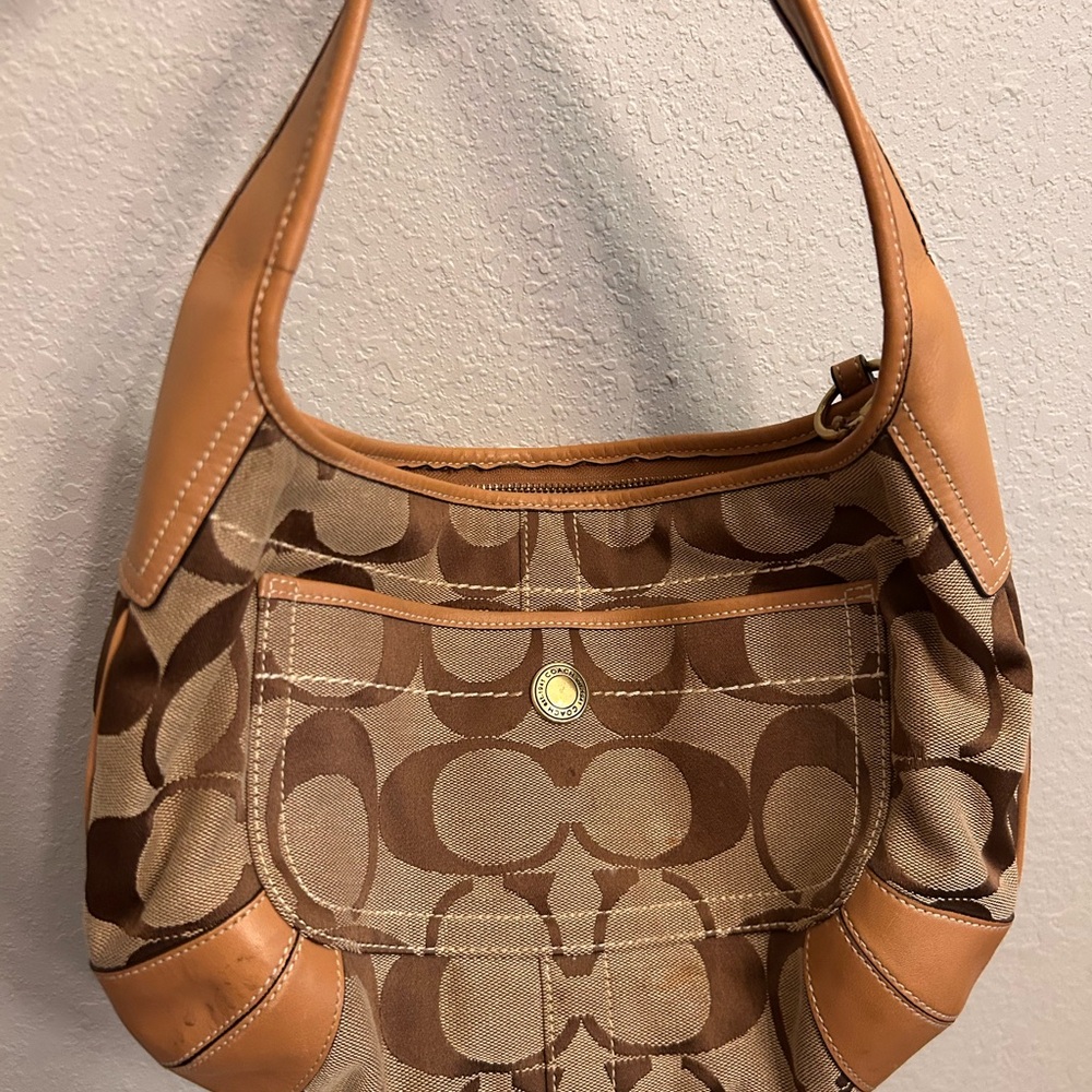 Coach Signature Hobo Bag in Brown & Tan Leather Trim - Picture 2 of 10